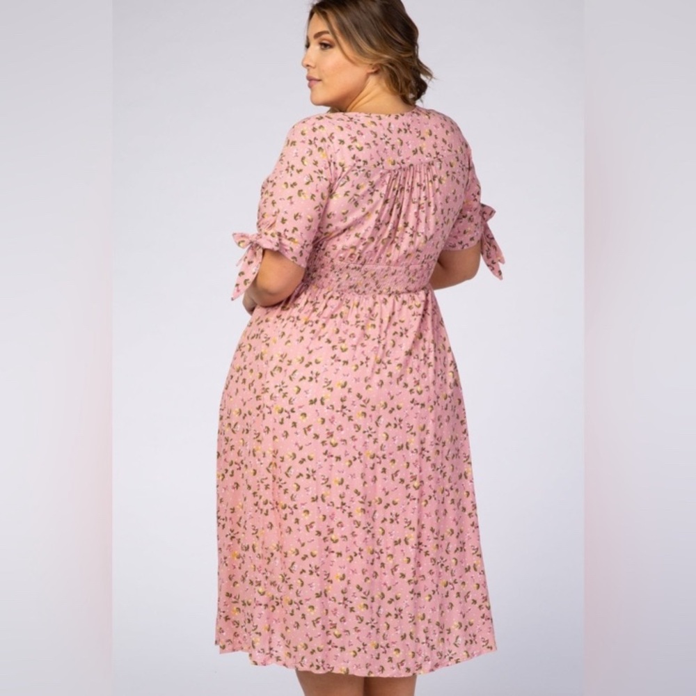 Reborn J Women’s Pink Floral Tie Sleeve Plus Midi Dress, Plus Size 3X Summer - Picture 3 of 10